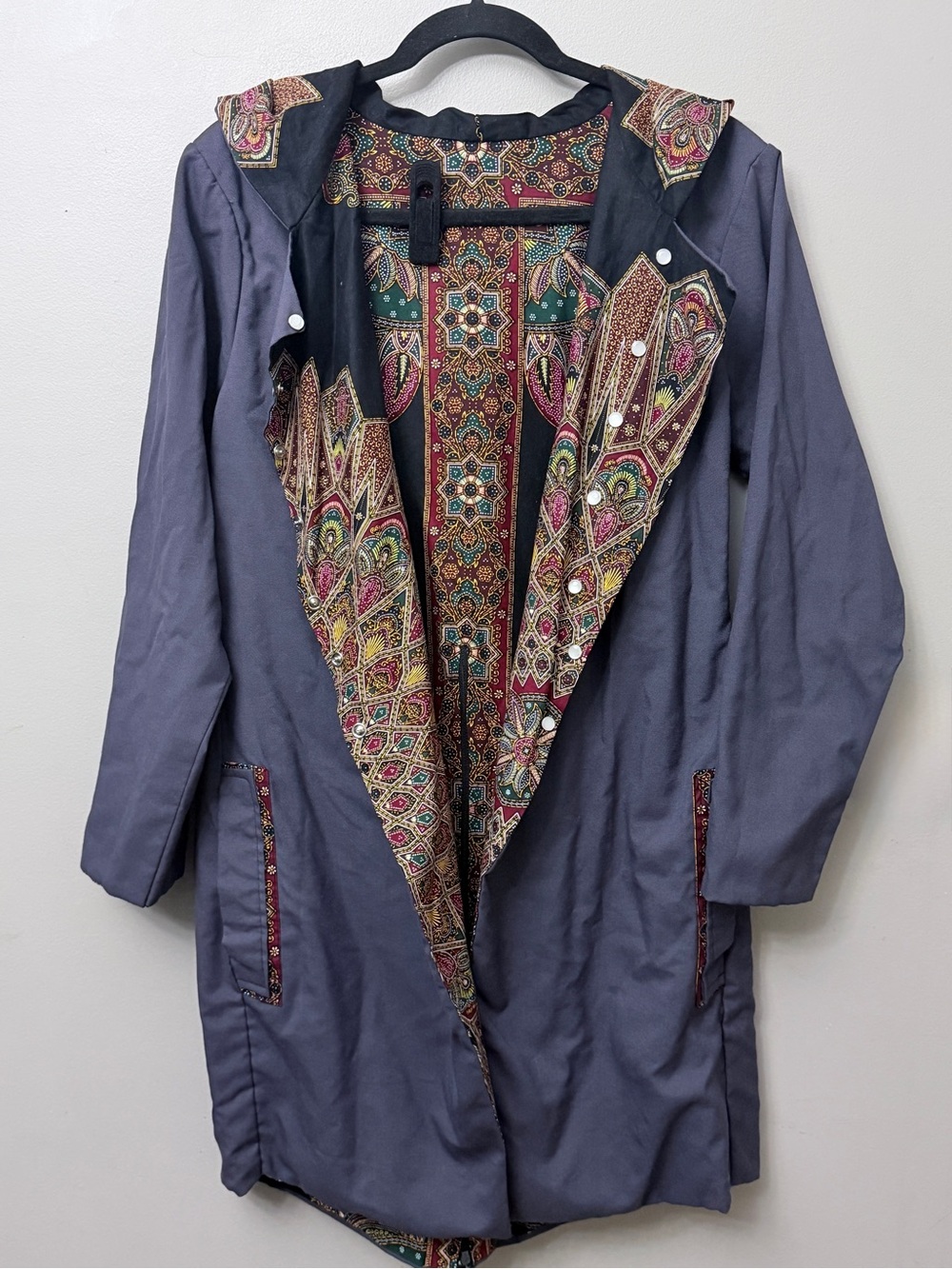 Vintage Bohemian Hooded Duster Coat Batik Paisley Lined Slate Grey